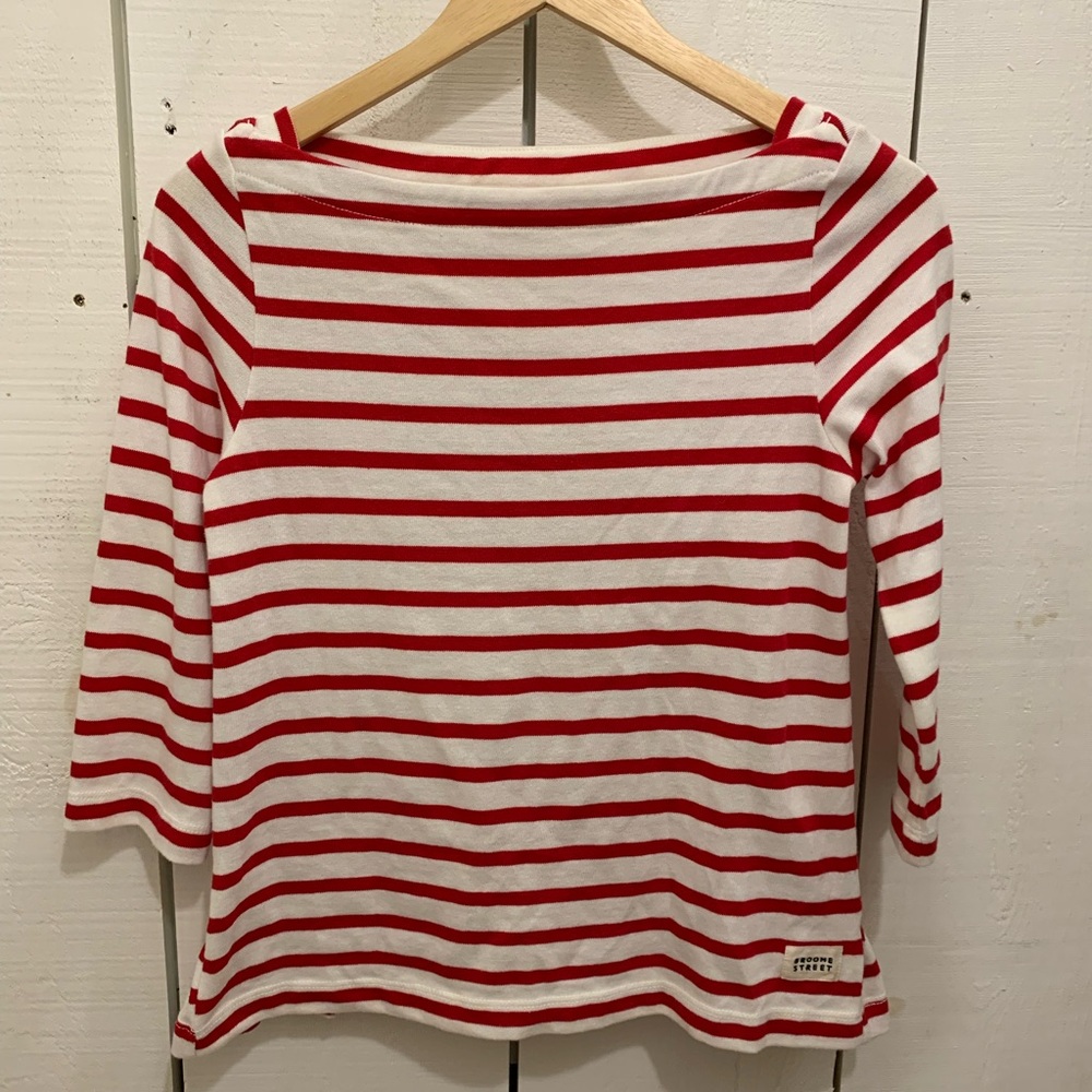 Kate Spade Red and White Striped Boatneck Top with back ruffle xs